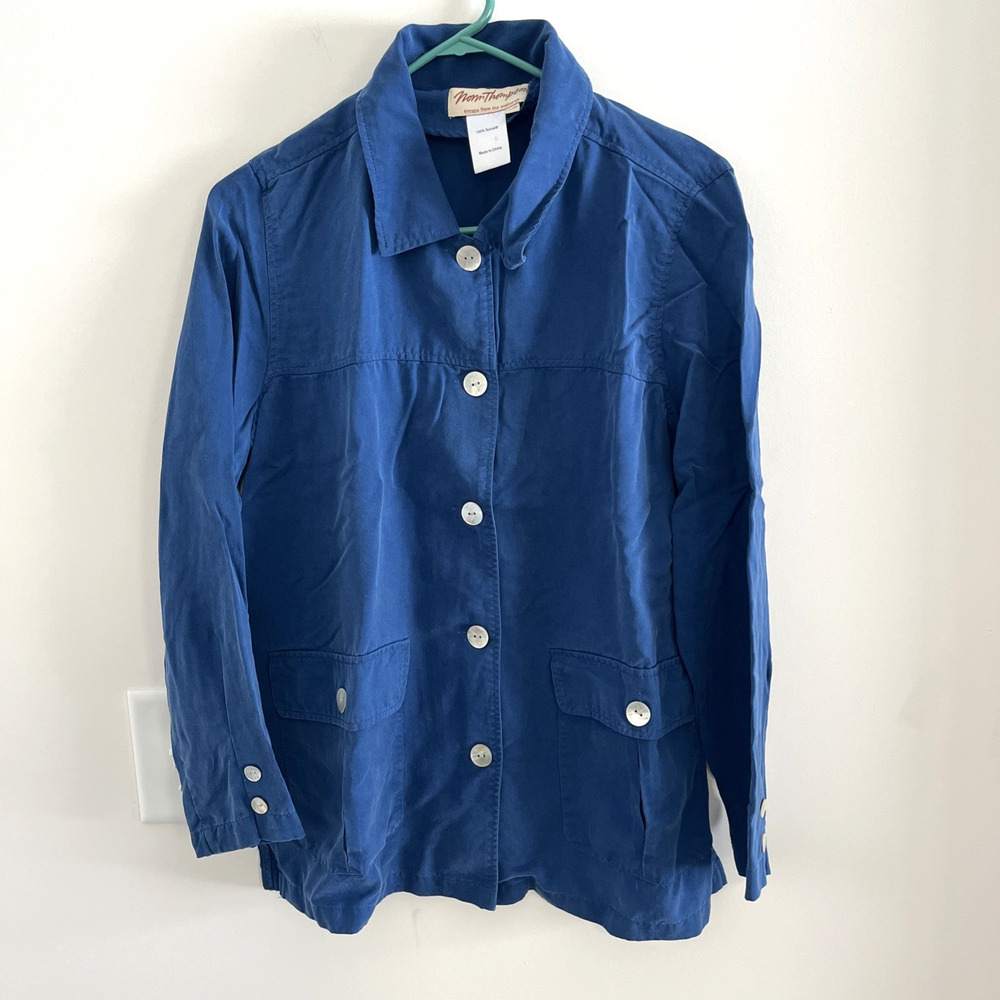 Norm Thompson Ladies Size Petite Medium Blue Jacket Buttons Boho Oriental